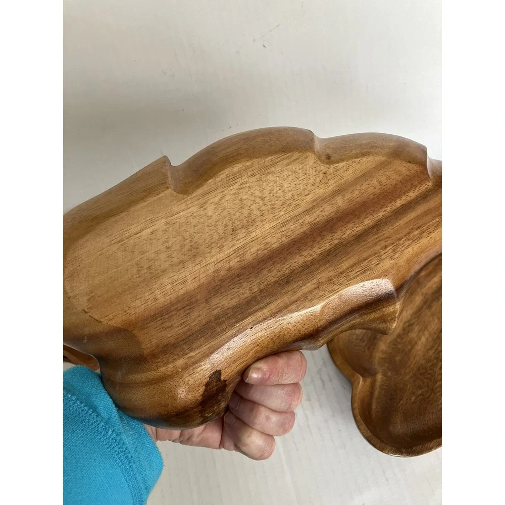 3 VTG Monkey Pod Hawaiian  Wood Serving Dishs Carved Bowl Leaf  Boho Pheasant‎